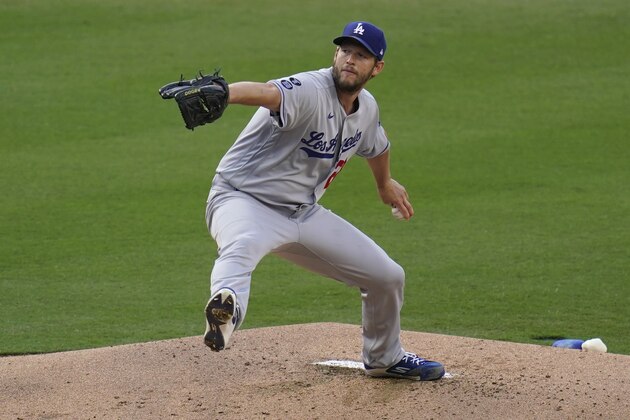 Los Angeles Dodgers starting pitcher Clayton Kershaw works against a San Diego Padres batter during the first inning of a baseball game Saturday, April 17, 2021, in San Diego. (AP Photo/Gregory Bull)