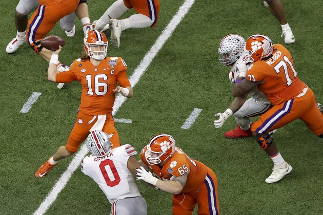 Clemson quarterback Trevor Lawrence passes against Ohio State during the first half of the Sugar Bowl NCAA college football game Friday, Jan. 1, 2021, in New Orleans. (AP Photo/Butch Dill)