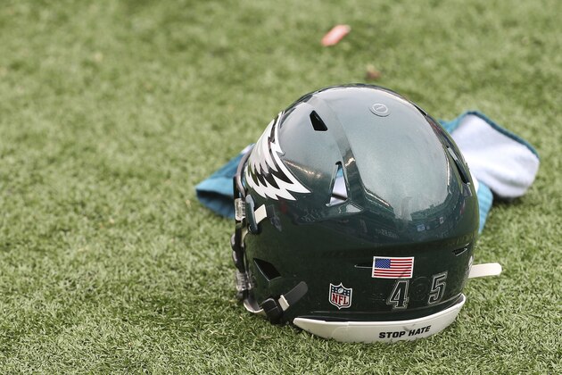 The helmet of Philadelphia Eagles' Rick Lovato (45) with Stop the Hate on his helmet decal before an NFL football game against the Cincinnati Bengals, Sunday, Sept. 27, 2020, in Philadelphia. (AP Photo/Rich Schultz)