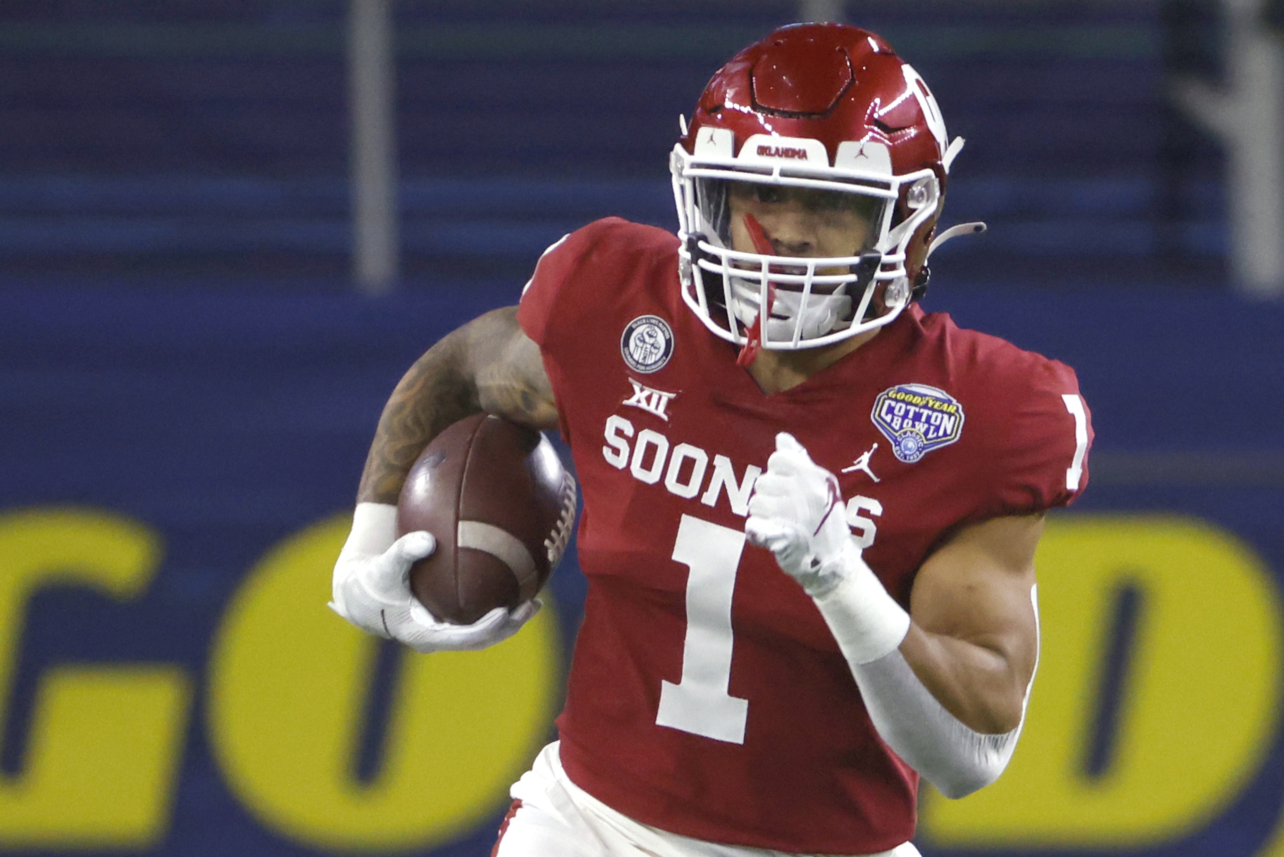 Oklahoma running back Seth McGowan (1) carries the ball against Florida during the NCAA Cotton Bowl college football game Wednesday, Dec.30, 2020, in Arlington, Texas. (AP Photo/Ron Jenkins) Oklahoma running back Seth McGowan (1) carries the ball against Florida during the NCAA Cotton Bowl college football game Wednesday, Dec.30, 2020, in Arlington, Texas. (AP Photo/Ron Jenkins)