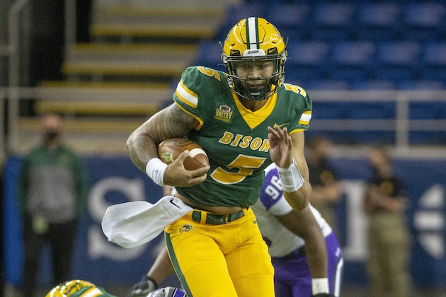 North Dakota State quarterback Trey Lance rushes against Central Arkansas in the first quarter of an NCAA college football game Saturday, Oct. 3, 2020, in Fargo, N.D. North Dakota State won 39-28. (AP Photo/Bruce Kluckhohn)