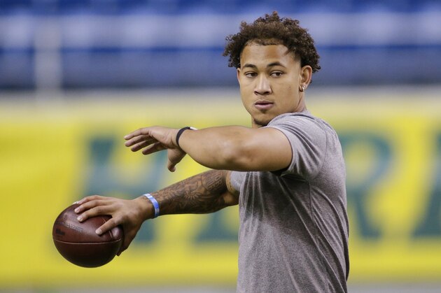 North Dakota State quarterback Trey Lance throws at the school's football NFL Pro Day Friday, March, 12, 2021, in Fargo, North Dakota. (AP Photo/Andy Clayton- King)