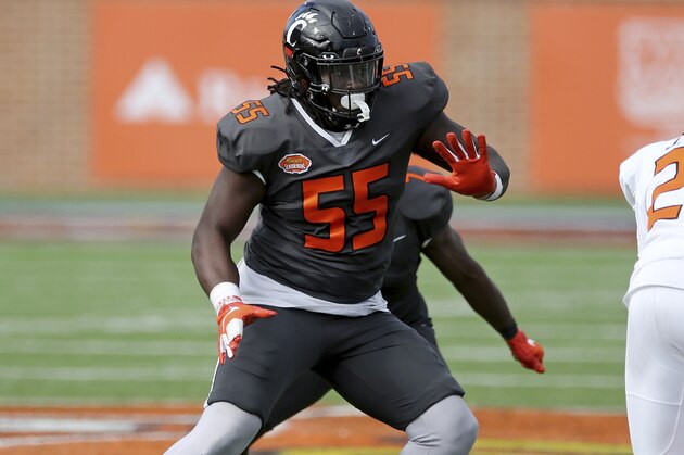 National Team offensive lineman James Hudson III of Cincinnati (55) blocks during the first half of the NCAA college football Senior Bowl in Mobile, Ala, Saturday, Jan. 30, 2021. (AP Photo/Rusty Costanza)