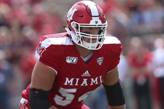Miami Redhawks left tackle Tommy Doyle during an NCAA football game on Saturday, Sept. 7 , 2019 in Oxford , OH . (AP Photo/Tony Tribble)