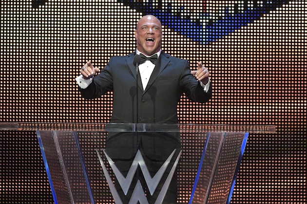 IMAGE DISTRIBUTED FOR WWE - Kurt Angle addresses the crowd after being inducted into the WWE Hall of Fame as part of the WrestleMania 33 weekend at a ceremony on Friday, March 31, 2017, in Orlando, Fla. (Phelan M. Ebenhack/AP Images for WWE)