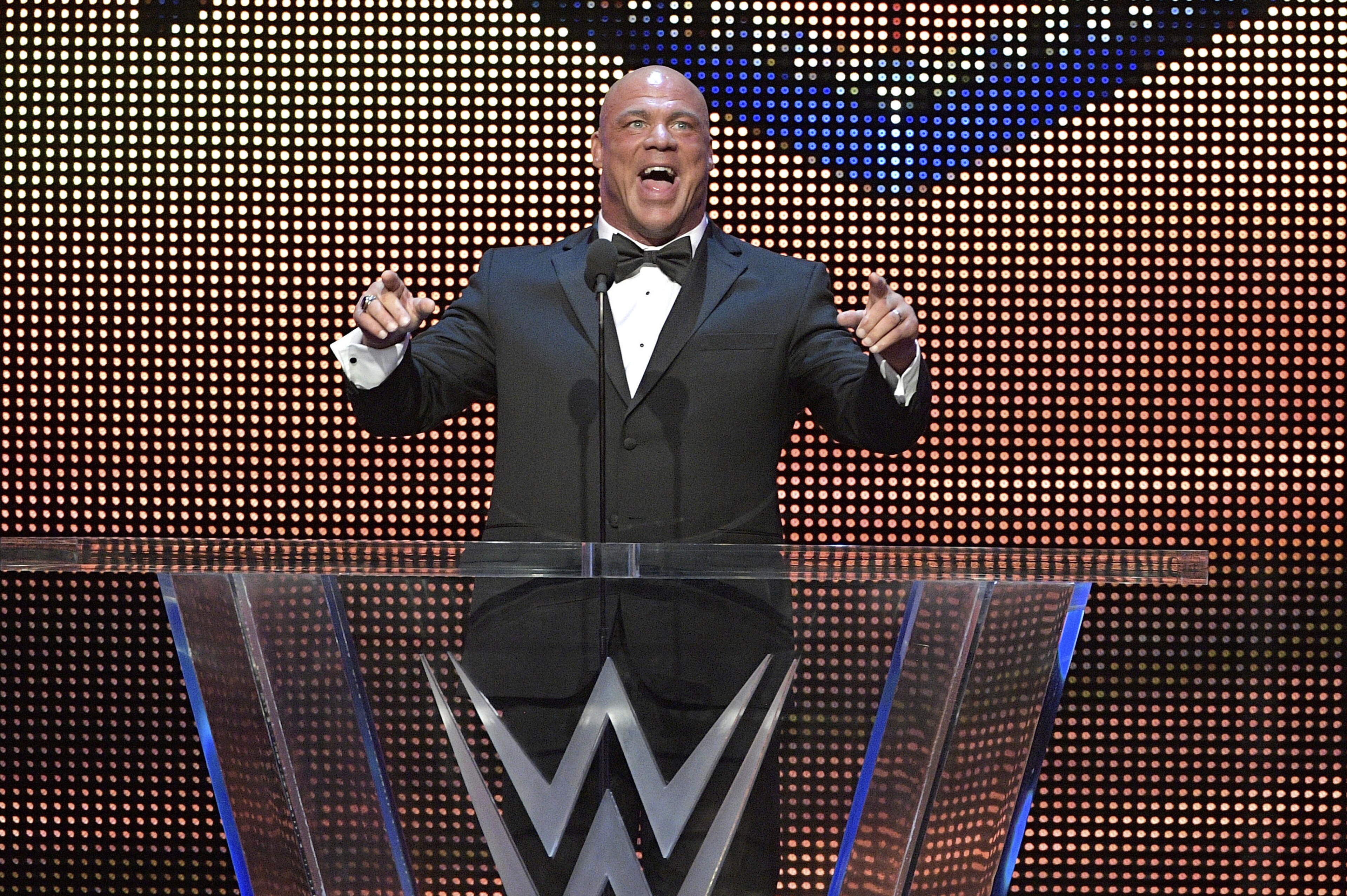 IMAGE DISTRIBUTED FOR WWE - Kurt Angle addresses the crowd after being inducted into the WWE Hall of Fame as part of the WrestleMania 33 weekend at a ceremony on Friday, March 31, 2017, in Orlando, Fla. (Phelan M. Ebenhack/AP Images for WWE)