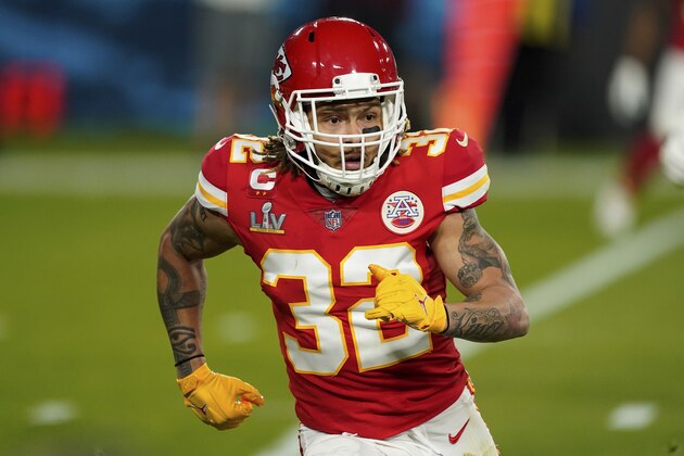 Kansas City Chiefs strong safety Tyrann Mathieu (32) chases the play during the first half of the NFL Super Bowl 55 football game against the Tampa Bay Buccaneers, Sunday, Feb. 7, 2021, in Tampa, Fla. The Tampa Bay Buccaneers defeated the Kansas City Chiefs 31-9. (AP Photo/Steve Luciano)
