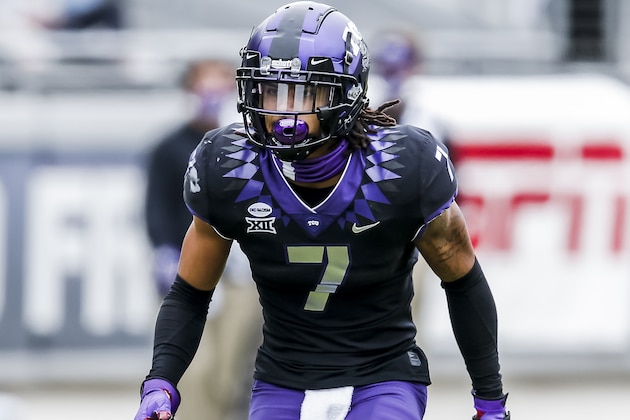 TCU safety Trevon Moehrig (7) defends during an NCAA college football game against Oklahoma, Saturday, Oct. 24, 2020, in Fort Worth, Texas. Oklahoma won 33-14. (AP Photo/Brandon Wade)