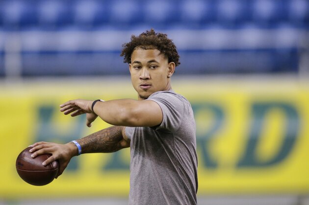 North Dakota State quarterback Trey Lance throws at the school's football NFL Pro Day Friday, March, 12, 2021, in Fargo, North Dakota. (AP Photo/Andy Clayton- King)