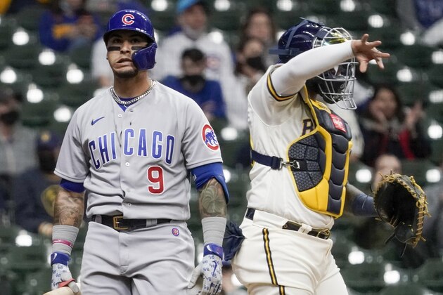 Chicago Cubs' Javier Baez reacts after striking out during the second inning of a baseball game against the Milwaukee Brewers Monday, April 12, 2021, in Milwaukee. (AP Photo/Morry Gash)