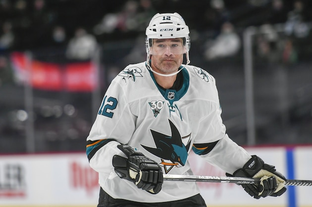 San Jose Sharks center Patrick Marleau in action against the Minnesota Wild during the first period of an NHL hockey game Saturday, April 17, 2021, in St. Paul, Minn. The Wild won 5-2. (AP Photo/Craig Lassig)