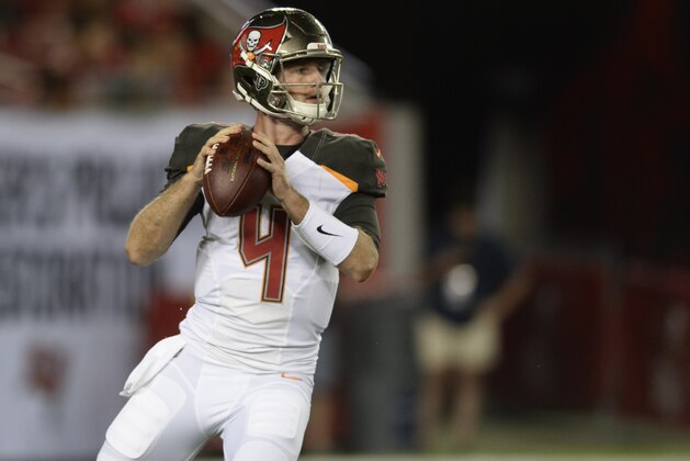 Tampa Bay Buccaneers quarterback Ryan Griffin (4) during the second half of an NFL preseason football game against the Detroit Lions Friday, Aug. 24, 2018, in Tampa, Fla. (AP Photo/Jason Behnken)