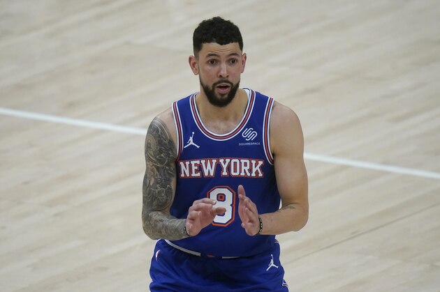New York Knicks guard Austin Rivers (8) looks on in the second half during an NBA basketball game against the Utah Jazz Tuesday, Jan. 26, 2021, in Salt Lake City. (AP Photo/Rick Bowmer)