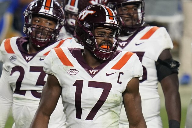 Virginia Tech defensive back Divine Deablo (17) plays against Pittsburgh in an NCAA college football game, Saturday, Nov. 21, 2020, in Pittsburgh. (AP Photo/Keith Srakocic)