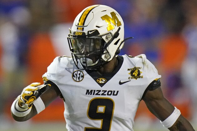 Missouri safety Tyree Gillespie looks to cover a play against Florida during the first half of an NCAA college football game, Saturday, Oct. 31, 2020, in Gainesville, Fla. (AP Photo/John Raoux)
