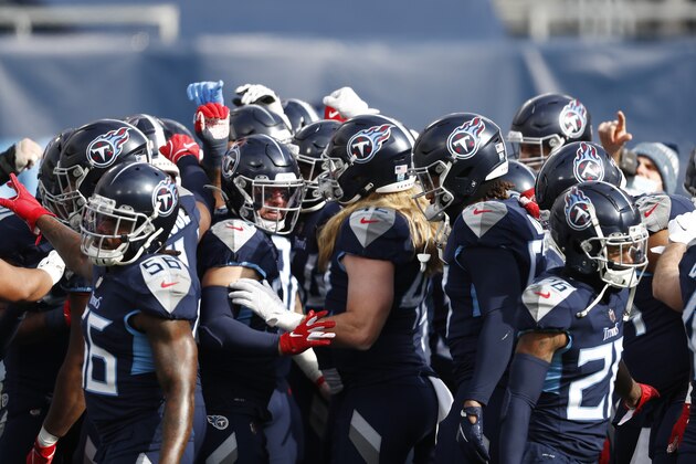 Tennessee Titans players gather before an NFL wild-card playoff football game against the Baltimore Ravens Sunday, Jan. 10, 2021, in Nashville, Tenn. (AP Photo/Wade Payne)