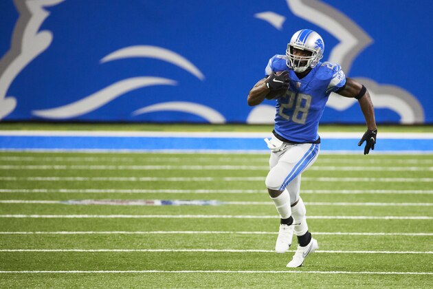 Detroit Lions running back Adrian Peterson (28) rushes against the Minnesota Vikings during an NFL football game, Saturday, Jan. 3, 2021, in Detroit. (AP Photo/Rick Osentoski)