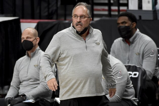 New Orleans Pelicans coach Stan Van Gundy watches from the bench during the second half of the team's NBA basketball game against the Portland Trail Blazers in Portland, Ore., Thursday, March 18, 2021. The Blazers won 101-93. (AP Photo/Steve Dykes)