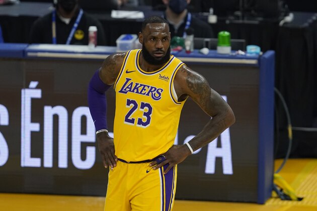 Los Angeles Lakers forward LeBron James reacts during an NBA basketball game against the Golden State Warriors in San Francisco, Monday, March 15, 2021. (AP Photo/Jeff Chiu)