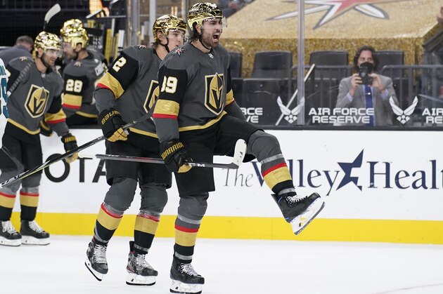 Vegas Golden Knights right wing Alex Tuch (89) celebrates after the Vegas Golden Knights defeated the San Jose Sharks in a shootout in an NHL hockey game Monday, April 19, 2021, in Las Vegas. (AP Photo/John Locher)