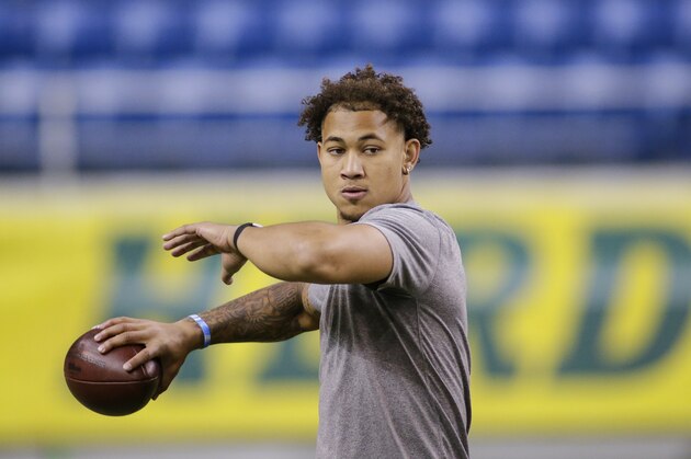 North Dakota State quarterback Trey Lance throws at the school's football NFL Pro Day Friday, March, 12, 2021, in Fargo, North Dakota. (AP Photo/Andy Clayton- King)