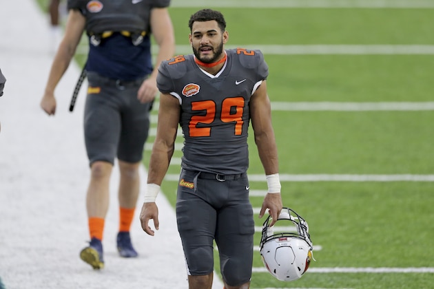National Team defensive back Christian Uphoff of Illinois StateÂ (FCS) (29) walks off the field after the NCAA college football Senior Bowl in Mobile, Ala, Saturday, Jan. 30, 2021. (AP Photo/Rusty Costanza)