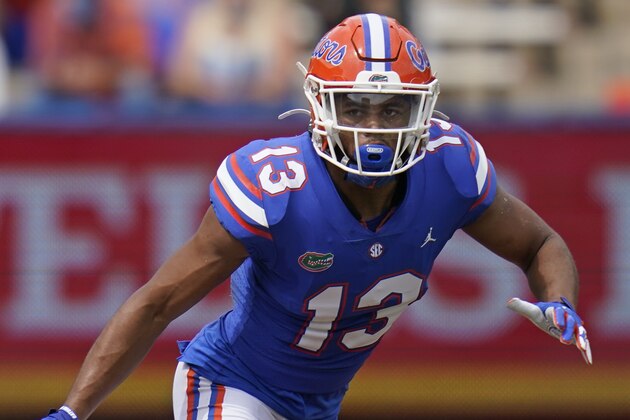 Florida defensive back Donovan Stiner covers a play against South Carolina during the second half of an NCAA college football game, Saturday, Oct. 3, 2020, in Gainesville, Fla. (AP Photo/John Raoux)