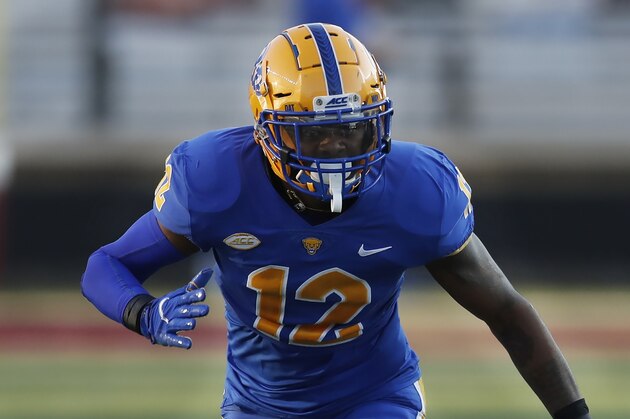 Pittsburgh defensive back Paris Ford plays against Boston College during the first half of an NCAA college football game, Saturday, Oct. 10, 2020, in Boston. (AP Photo/Michael Dwyer)