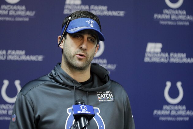 Indianapolis Colts offensive coordinator Nick Sirianni speaks during a news conference at the NFL team's facility, Wednesday, Jan. 2, 2019, in Indianapolis. The Colts will play the Houston Texans in an NFL wildcard playoff game on Saturday. (AP Photo/Darron Cummings)