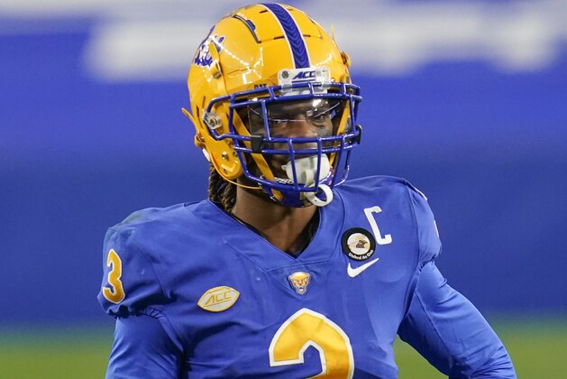 Pittsburgh defensive back Damar Hamlin (3) plays against Virginia Tech in an NCAA college football game, Saturday, Nov. 21, 2020, in Pittsburgh. (AP Photo/Keith Srakocic)
