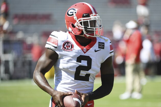 Georgia defensive back Richard LeCounte (2) warms up against Arkansas during an NCAA college football game in Fayetteville, Ark. Saturday, Sept. 26, 2020. (AP Photo/Michael Woods)