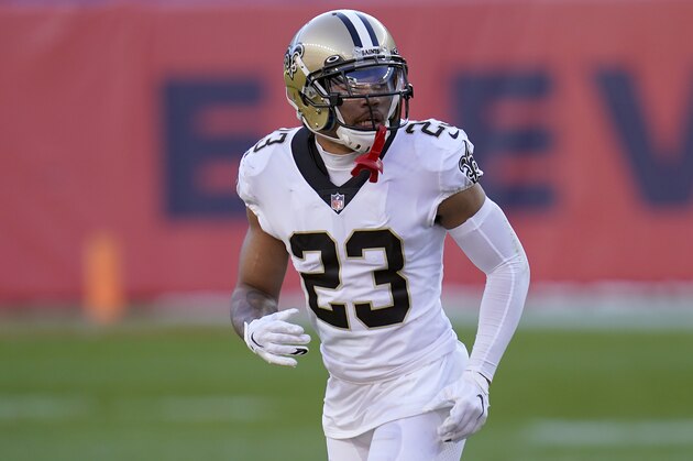 New Orleans Saints cornerback Marshon Lattimore (23) against the Denver Broncos during the first half of an NFL football game, Sunday, Nov. 29, 2020, in Denver. (AP Photo/David Zalubowski)