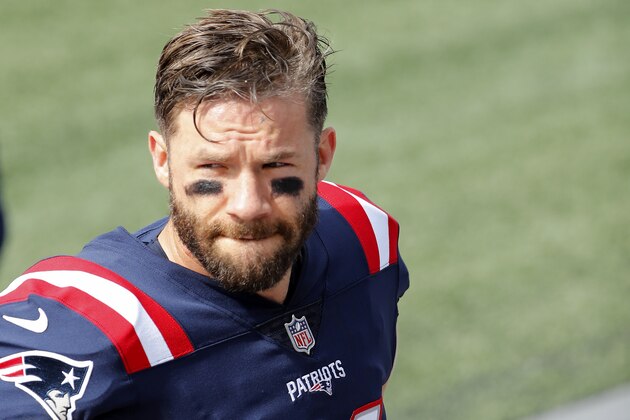 New England Patriots' Julian Edelman before an NFL football game against the Las Vegas Raiders at Gillette Stadium, Sunday, Sept. 27, 2020 in Foxborough, Mass. (Winslow Townson/AP Images for Panini)