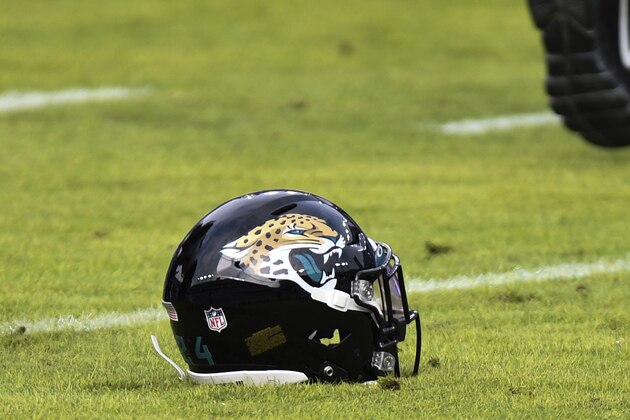 A Jacksonville Jaguars helmet sits on the field at M&T Bank Stadium before an NFL football game between the Baltimore Ravens and the Jacksonville Jaguars, Sunday, Dec. 20, 2020, in Baltimore. (AP Photo/Terrance Williams)