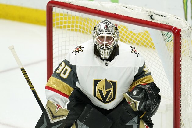 Vegas Golden Knights goaltender Robin Lehner (90) protects the goal during an NHL hockey game against the Anaheim Ducks Friday, April 16, 2021, in Anaheim, Calif. (AP Photo/Ashley Landis)