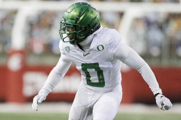 Oregon cornerback Deommodore Lenoir (0) runs during a play during the first half of an NCAA college football game against Washington State in Pullman, Wash., Saturday, Nov. 14, 2020. (AP Photo/Young Kwak)