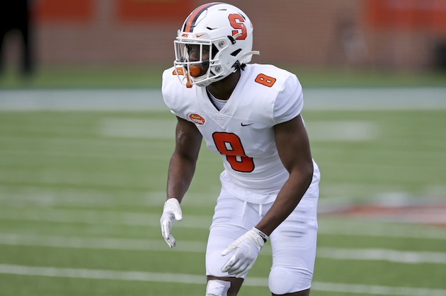 American Team defensive back Ifeatu Melifonwu of Syracuse (8) lines up during the first half of the NCAA college football Senior Bowl in Mobile, Ala, Saturday, Jan. 30, 2021. (AP Photo/Rusty Costanza)