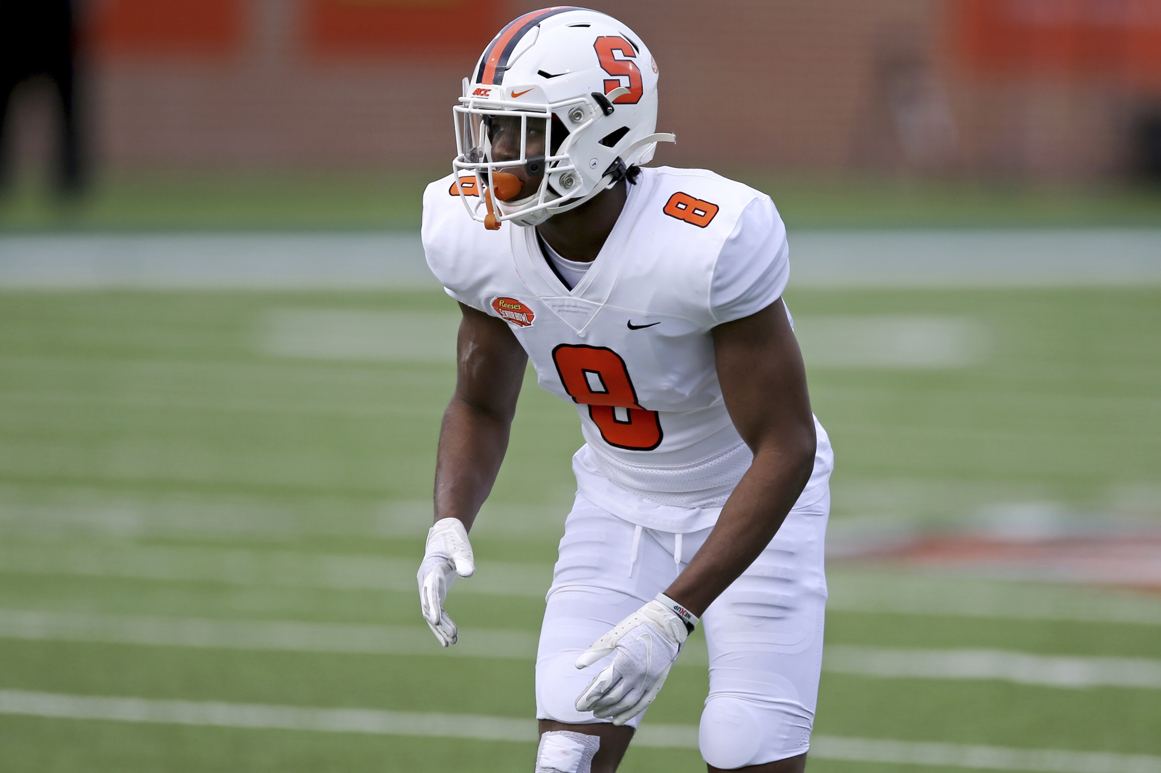 American Team defensive back Ifeatu Melifonwu of Syracuse (8) lines up during the first half of the NCAA college football Senior Bowl in Mobile, Ala, Saturday, Jan. 30, 2021. (AP Photo/Rusty Costanza)