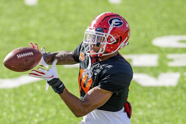 American Team defensive back DJ Daniel of Georgia (14) catches during the American Team practice for the NCAA Senior Bowl college football game in Mobile, Ala., Thursday, Jan. 28, 2021. (AP Photo/Matthew Hinton)