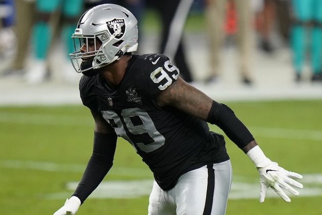 Las Vegas Raiders defensive end Arden Key #99 lines up during the second quarter against the Miami Dolphins in an NFL football game, Saturday, Dec. 26, 2020, in Las Vegas. (AP Photo/Jeff Bottari)
