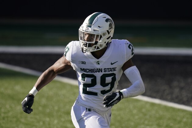 Michigan State cornerback Shakur Brown runs on the field during an NCAA college football game against Iowa, Saturday, Nov. 7, 2020, in Iowa City, Iowa. (AP Photo/Charlie Neibergall)