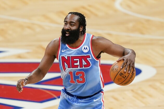 Brooklyn Nets' James Harden (13) during the first half of an NBA basketball game against the Houston Rockets Wednesday, March 31, 2021, in New York. (AP Photo/Frank Franklin II) Brooklyn Nets' James Harden (13) during the first half of an NBA basketball game against the Houston Rockets Wednesday, March 31, 2021, in New York. (AP Photo/Frank Franklin II)