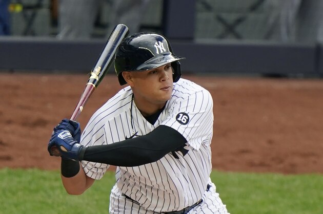 New York Yankees third baseman Gio Urshela bats in a baseball game against the Tampa Bay Rays, Sunday, April 18, 2021, at Yankee Stadium in New York. (AP Photo/Kathy Willens)