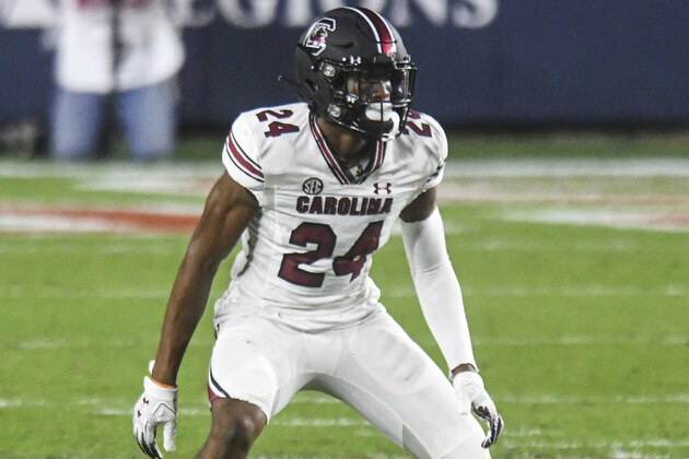 South Carolina defensive back Israel Mukuamu (24) plays against Mississippi in the first half in an NCAA college football game, in Oxford, Miss., Saturday, Nov. 14, 2020. Mississippi won 59-42. (AP Photo/Bruce Newman)