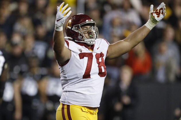 Southern California defensive lineman Jay Tufele (78) in the second half of an NCAA college football game Friday, Oct. 25, 2019, in Boulder, Colo. Southern California won 35-31. (AP Photo/David Zalubowski)