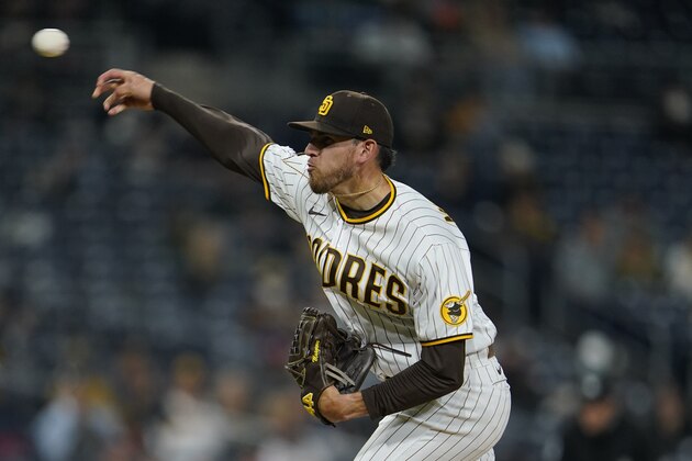 San Diego Padres starting pitcher Joe Musgrove of a baseball game against the Milwaukee Brewers Monday, April 19, 2021, in San Diego. (AP Photo/Gregory Bull)