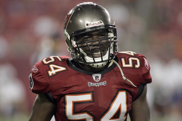Tampa Bay Buccaneer line backer Geno Hayes reacts to what he believes is a bad call during an NFL preseason football game in Tampa, Fla., Thursday, Aug. 27, 2009.(AP Photo/Reinhold Matay)
