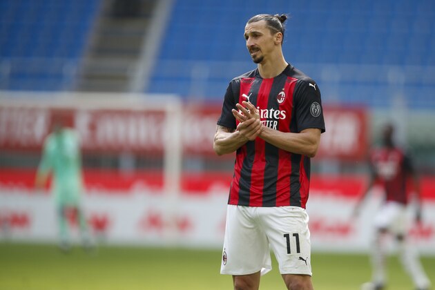 AC Milan's Zlatan Ibrahimovic looks on during the Serie A soccer match between AC Milan and Sampdoria at the San Siro stadium, in Milan, Italy, Saturday, April 3, 2021. (AP Photo/Antonio Calanni)