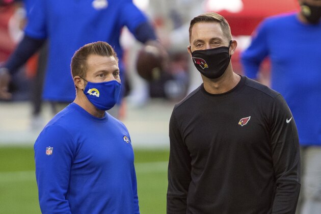 Los Angeles Rams head coach Sean McVay and Arizona Cardinals head coach Kliff Kingsbury talk prior to an NFL football game, Sunday, Dec. 6, 2020, in Glendale, Ariz. (AP Photo/Jennifer Stewart)