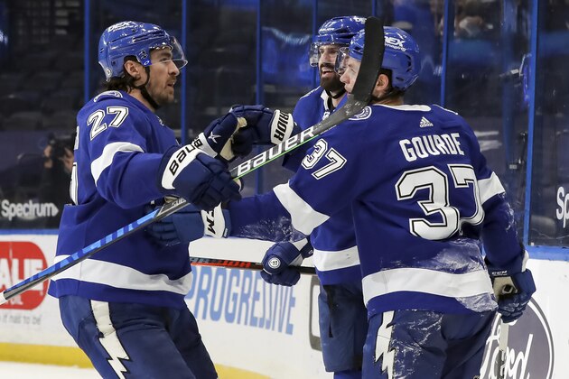 Tampa Bay Lightning's Yanni Gourde (37) celebrates his winning goal with Ryan McDonagh (27) and Alex Killorn during the overtime period of an NHL hockey game against the Carolina Hurricanes, Monday, April 19, 2021, in Tampa, Fla. (AP Photo/Mike Carlson)